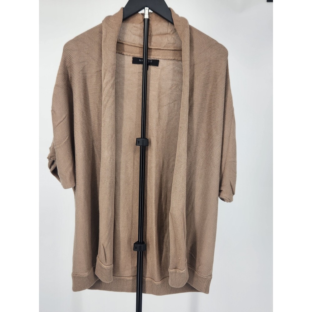Nine West Woman Tan Open Front Cardigan Ruched Short Sleeve Knit Sweater 1X